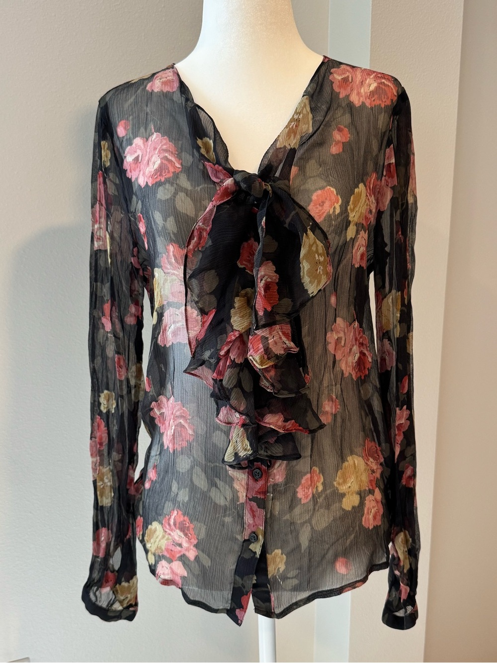 Vintage Lauren Ralph Lauren 100% silk black floral sheer ruffle blouse size 8